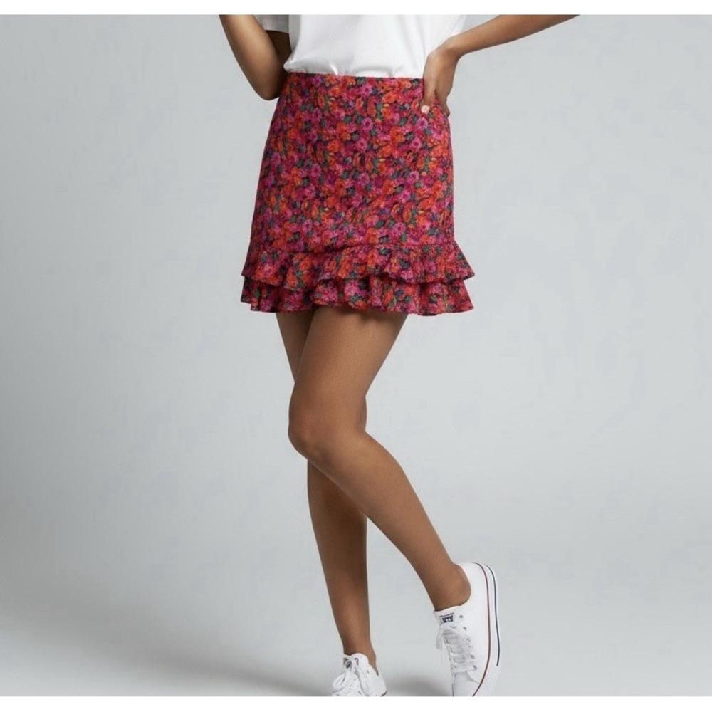 Floral Mini Skirt Womens Lg‎ Bright Pink Orange Ruffle Hem Boho Y2K Cottagecore